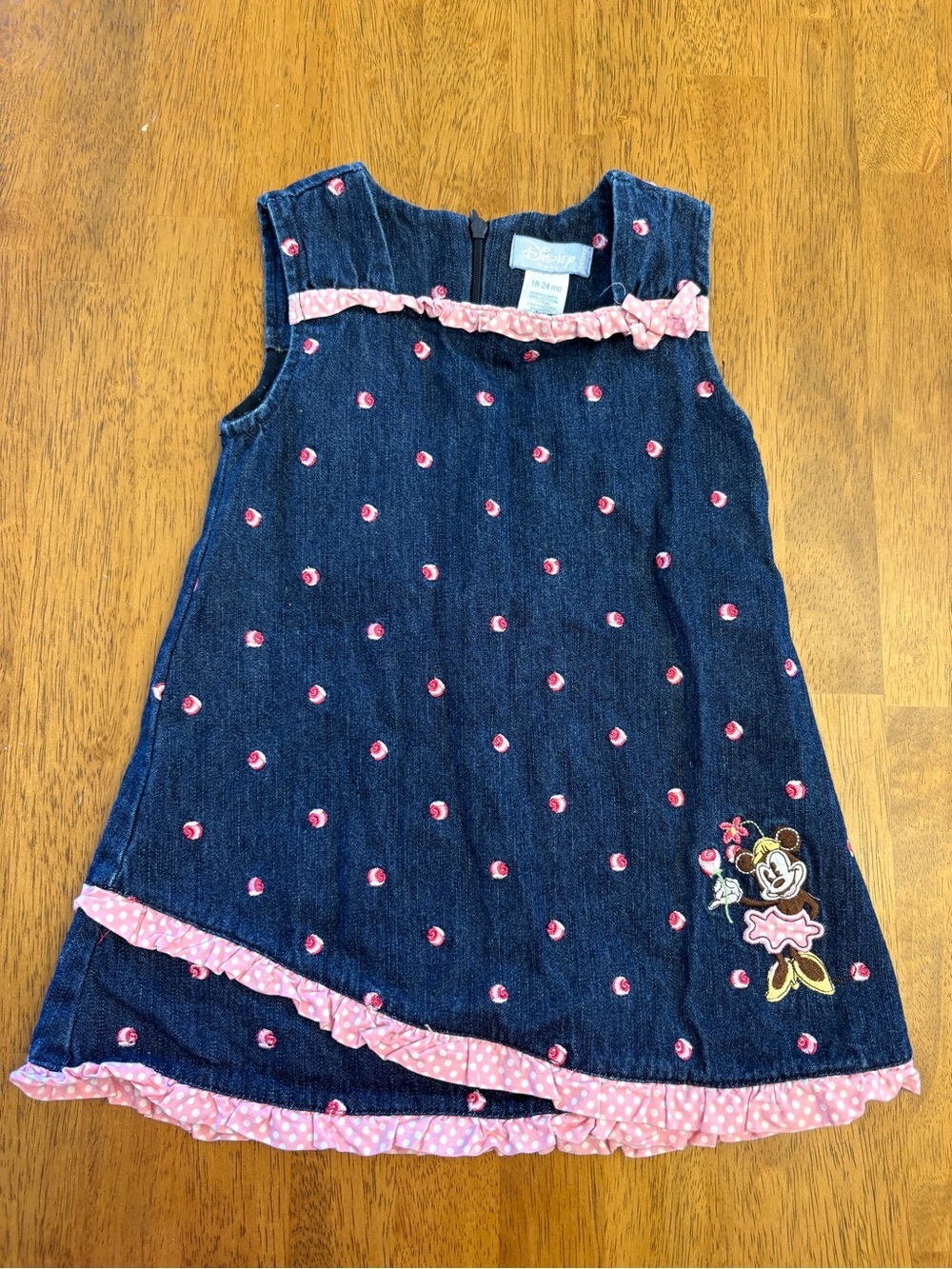 Y2K Minnie Mouse Dress Baby embroidered denim jumper flowers roses 24m ruffles